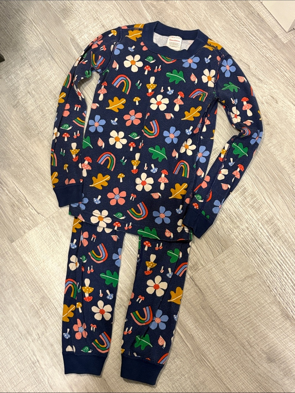 Hanna Andersson Navy Pajama Set with Multicolor Floral, Rainbow & Leaf Print